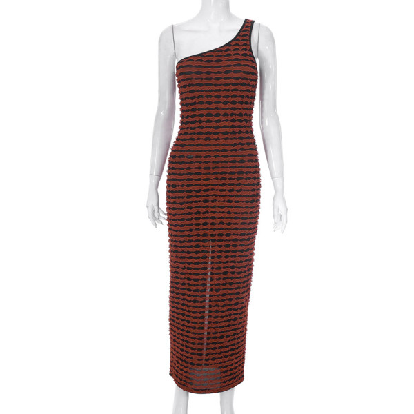 Patchwork Oblique Shoulder Sleeveless Dress Long Dress