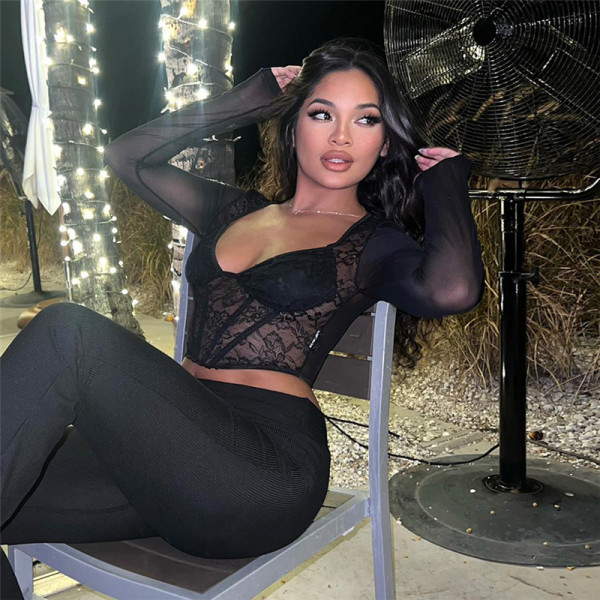Women's Fashion V-Neck Sexy Mesh Panel Lace Underlay T-shirt