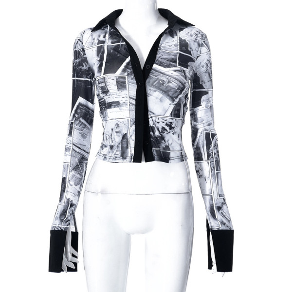 Casual Print Polo Long Sleeve Button Up Shirt Top