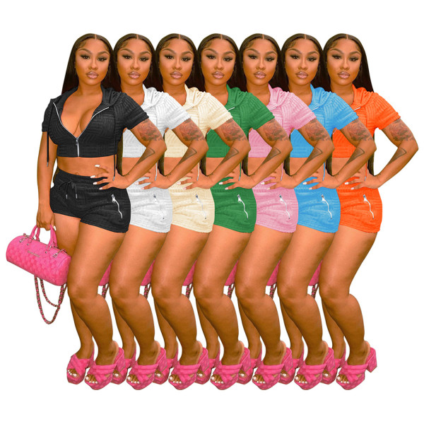 Towel Jacquard Hooded Zipper Short Sleeve Shorts Casual Sports Set