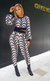 Fashion Casual Pants Long Sleeve Contrast Print Two Piece Set