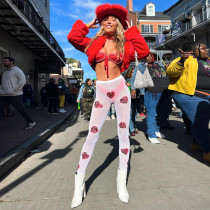 High Waist Mesh Perspective Casual Love Print Slim Fit Casual Pants