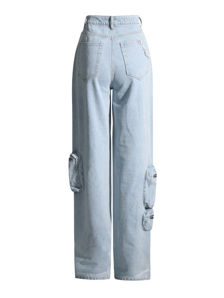 Vintage Washed High Waist Workwear Jeans Fashion Zipper Large Pocket Pants