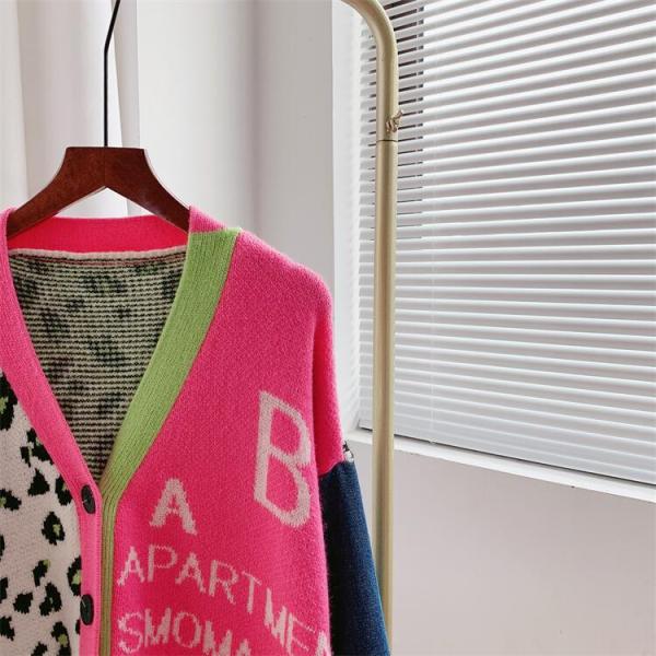 Contrast Denim Panel Leopard Sweater Coat Loose Knit Cardigan Coat