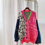 Contrast Denim Panel Leopard Sweater Coat Loose Knit Cardigan Coat