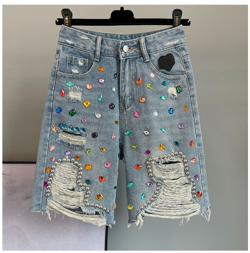 Heavy Industry Diamond studded beaded high waist denim shorts Slim fit versatile student tassel hot pants