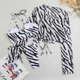 Striped Print Shirt Collar Mesh Three Piece Swimwear Bikini