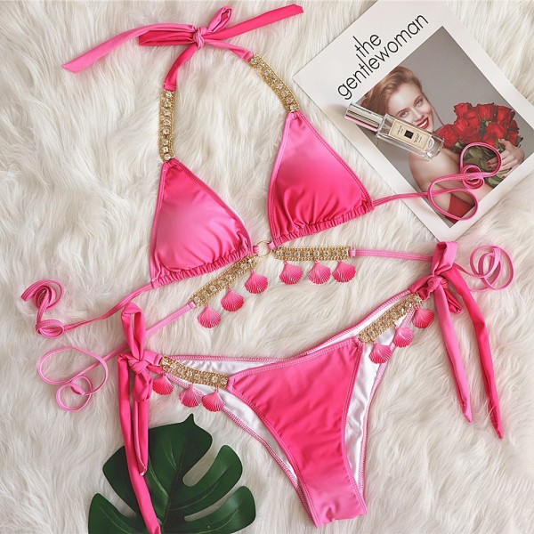 Sexy Swimwear Printing Gradually Changing Metallic Crystal Diamond Accessories Women's Split Swimwear