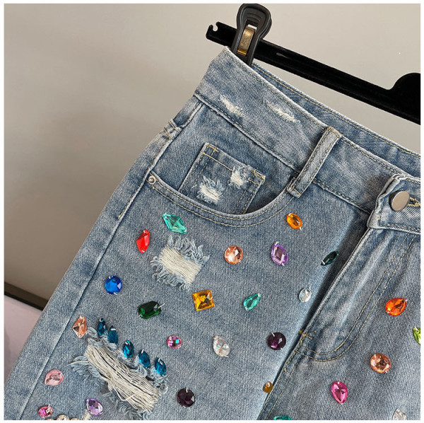 Heavy Industry Diamond studded beaded high waist denim shorts Slim fit versatile student tassel hot pants
