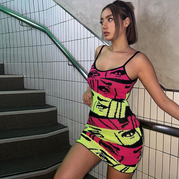 Fashion Print Sexy Slim Fit Wrap Hip Strap Dress