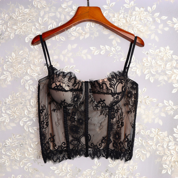 Thin fishbone suspender with waistband, sexy lace bottom vest, no bra, can be worn over a spicy girl mesh blouse