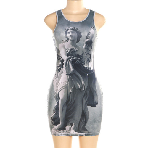 Women's Round Neck Sleeveless Fashion Print Slim Fit Wrap Hip Dress