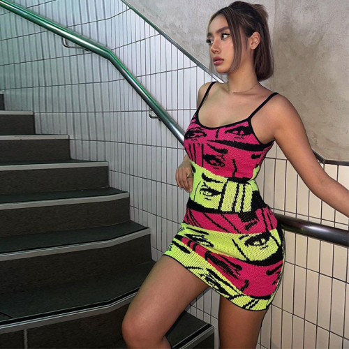 Fashion Print Sexy Slim Fit Wrap Hip Strap Dress