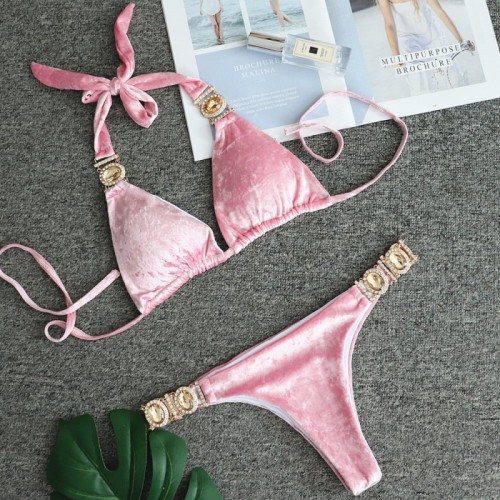 Split Gold Velvet Swimwear High Quality Crystal Diamond Swimwear