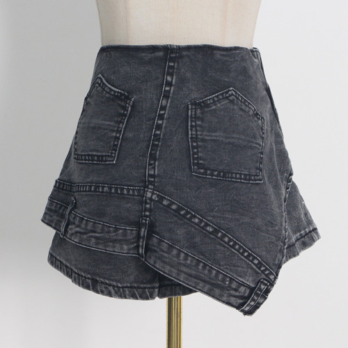 Design Sense Solid Color Panel Shorts Fashion High Waist Irregular Jeans