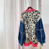 Contrast Denim Panel Leopard Sweater Coat Loose Knit Cardigan Coat