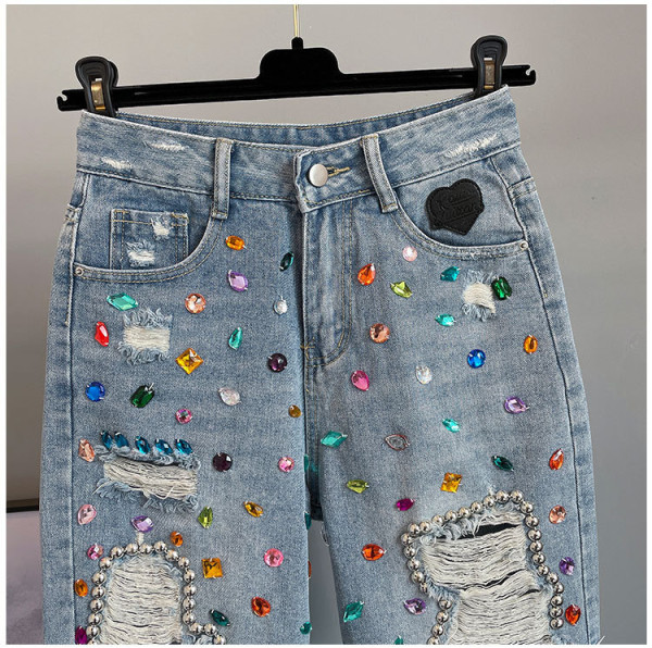Heavy Industry Diamond studded beaded high waist denim shorts Slim fit versatile student tassel hot pants