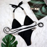Bandage Cross Bikini Solid Metallic Diamond Swimwear Sexy Women's Swimwear