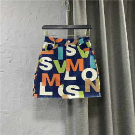 Large Personalized Colorful Letter Print High Waist Denim Skirt Slim A-Line Skirt Short