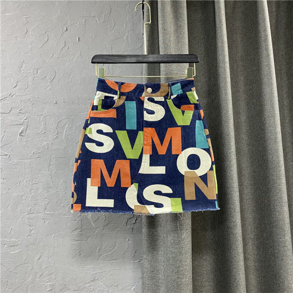 Large Personalized Colorful Letter Print High Waist Denim Skirt Slim A-Line Skirt Short