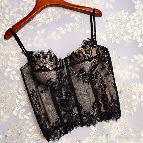 Thin fishbone suspender with waistband, sexy lace bottom vest, no bra, can be worn over a spicy girl mesh blouse