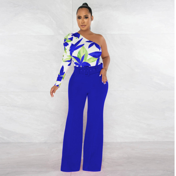 Fashion One Shoulder Long Sleeve Loose Top Panel Wide Leg Pants Jumpsuit