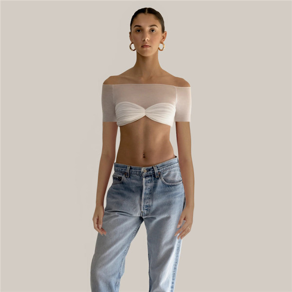 Women's Fashion Sexy Perspective Off Shoulder Slim Fit Short Open Umbilical T-shirt