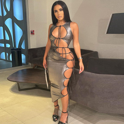 Fashion sexy cut-out lace up solid color sleeveless dress