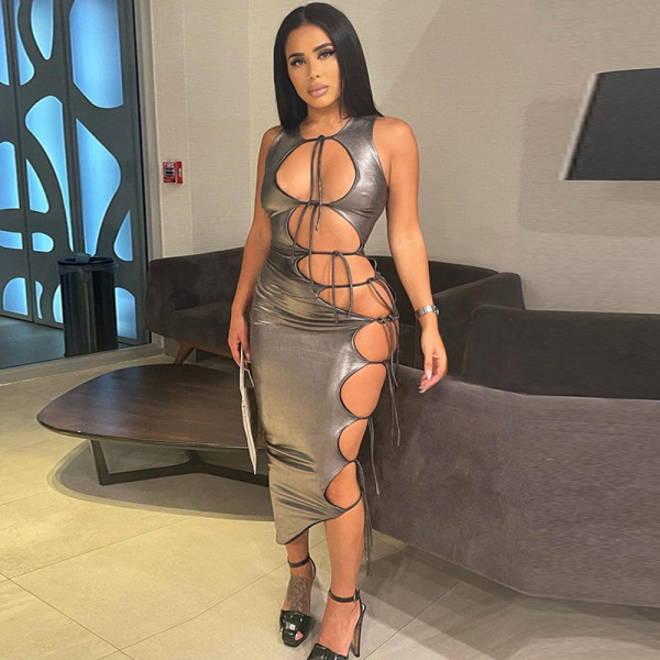 Fashion sexy cut-out lace up solid color sleeveless dress