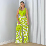Casual suspender+split wide leg pants printed two-piece set