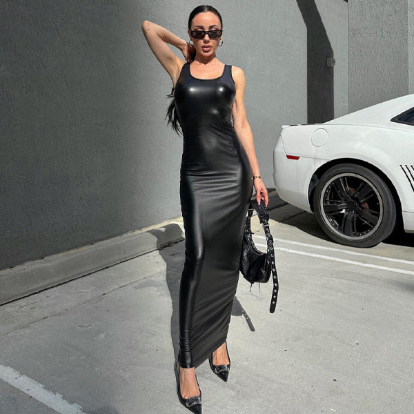 Women's leather sexy suspender U-neck long skirt temperament slimming dress
