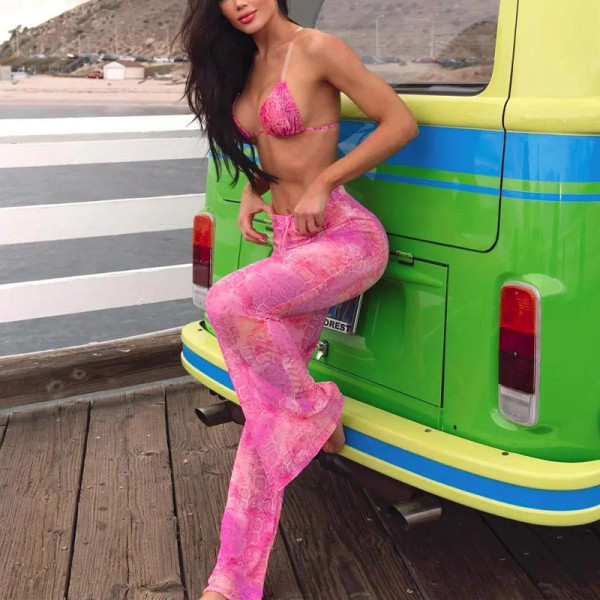 Sexy Wrapped Chest Flare Pants Print Pants Two Piece Set