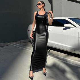 Women's leather sexy suspender U-neck long skirt temperament slimming dress
