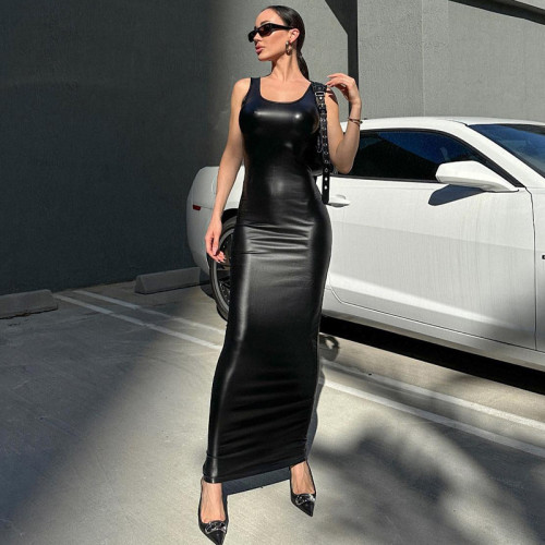Women's leather sexy suspender U-neck long skirt temperament slimming dress