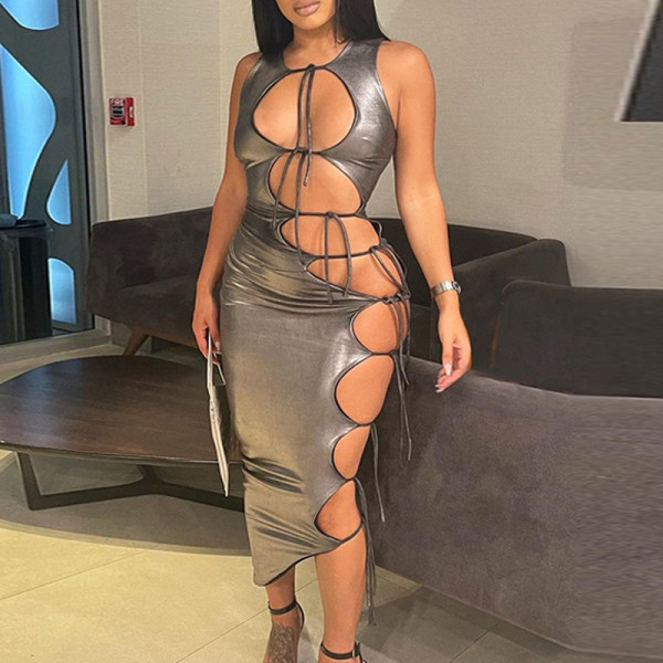 Fashion sexy cut-out lace up solid color sleeveless dress