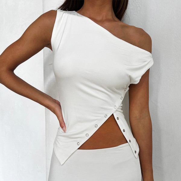 Solid Sleeveless One Shoulder Fashion Irregular Split Women's Top