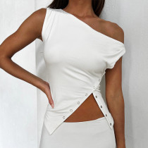 Solid Sleeveless One Shoulder Fashion Irregular Split Women's Top Solid Sleeveless One Shoulder Fashion Irregular Split Women's Top