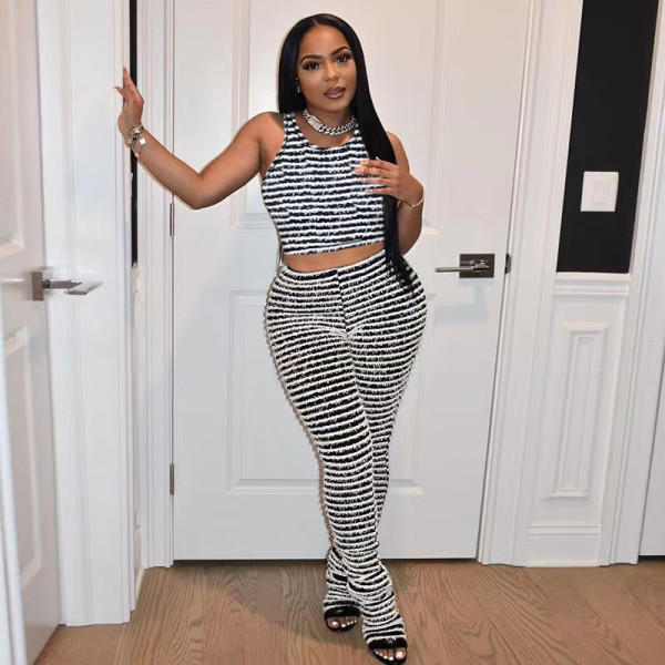 Knitted Stripe Sexy Tank Top Slim Fit Pants Set Two Piece Set