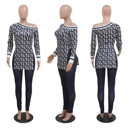 Fashion Loose Round Neck Split Top Slim Fit Pencil Pants 2 Piece Set