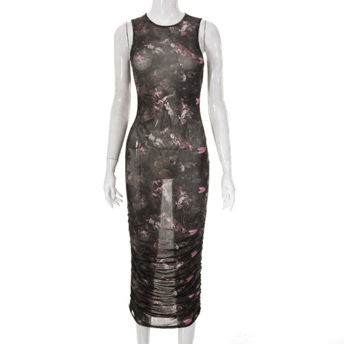 Sexy Printed Sleeveless Round Neck Mesh Perspective Slim Fit Long Dress
