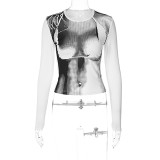 Fashion Print Round Neck Slim Fit Open Umbilical Long Sleeve Top