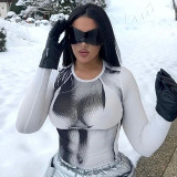 Fashion Print Round Neck Slim Fit Open Umbilical Long Sleeve Top
