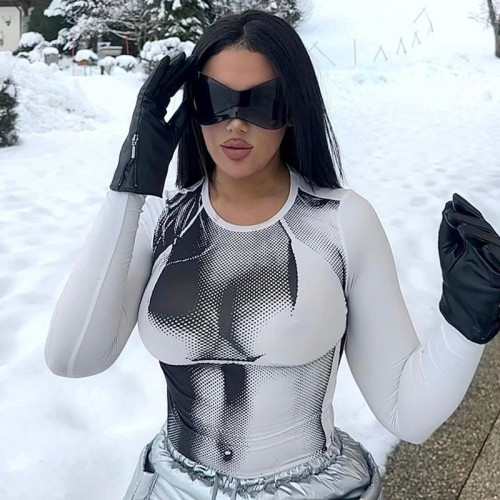Fashion Print Round Neck Slim Fit Open Umbilical Long Sleeve Top