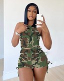 Fashion Women's Pleated Camo Print Tank Top Shorts Pit Strips 2-Piece Set