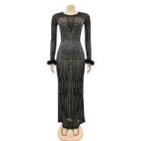 Fashion Nightclub Party Hot Diamond Women's Dress Mesh Perspective Long Sleeve Long Dress Dress