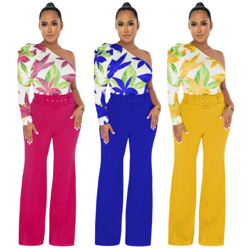 Fashion One Shoulder Long Sleeve Loose Top Panel Wide Leg Pants Jumpsuit