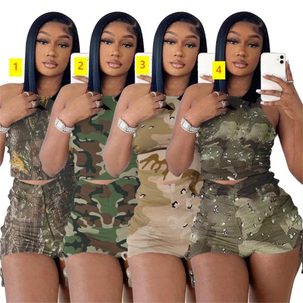 Fashion Women's Pleated Camo Print Tank Top Shorts Pit Strips 2-Piece Set