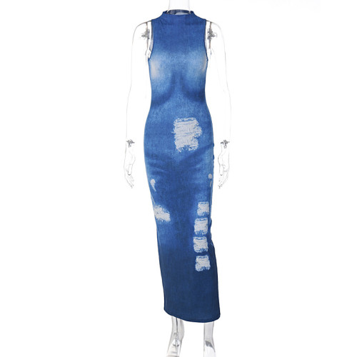 Fashionable Denim Print Long Dress Temperament Slim Fit Dress