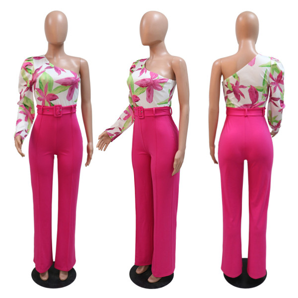 Fashion One Shoulder Long Sleeve Loose Top Panel Wide Leg Pants Jumpsuit