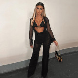 Solid mesh casual pile neck loose pants 3-piece set